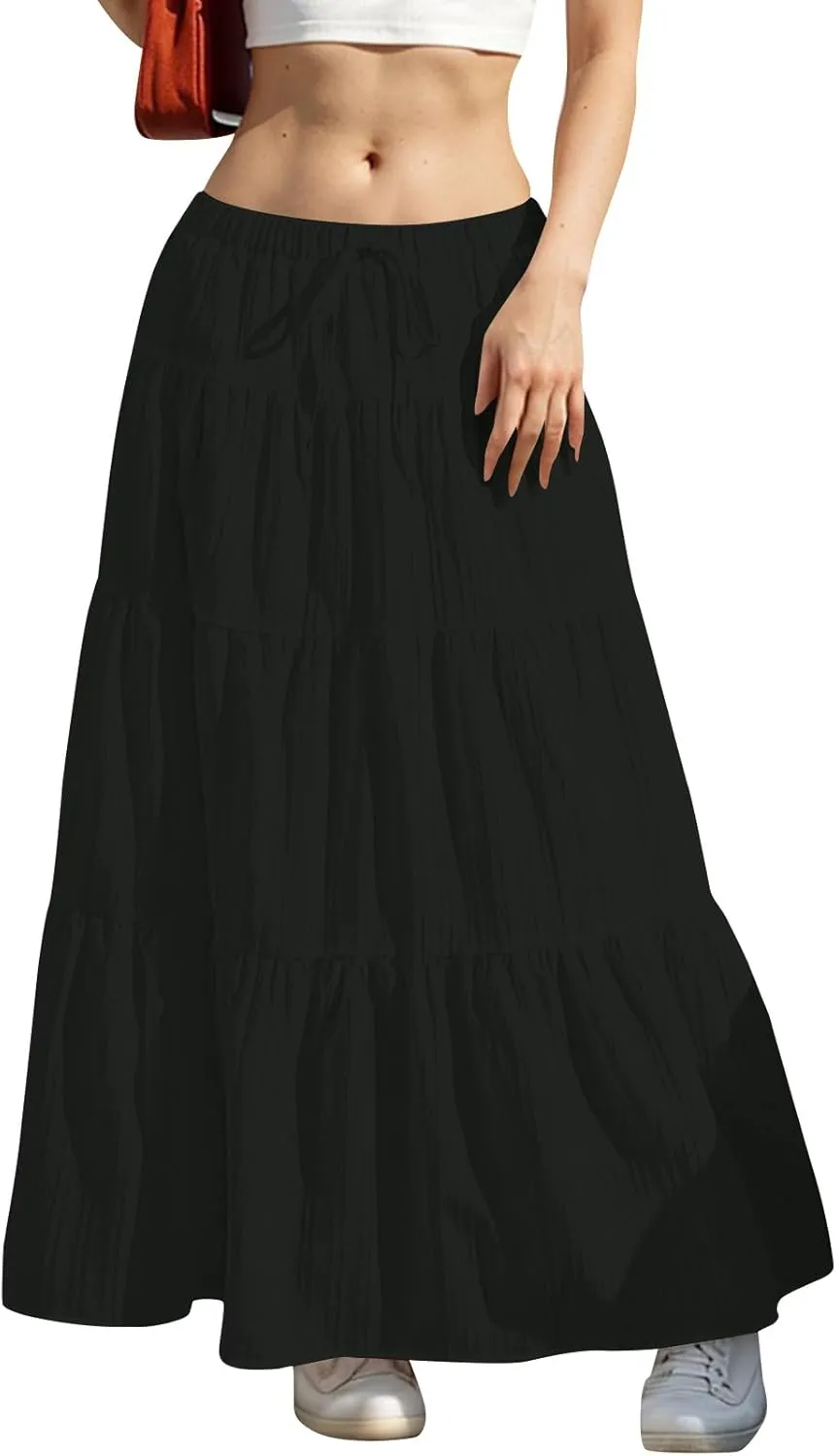 Summer Skirt for Women Solid Color Fashion Drawstring High Waist Ruffle Tiered Skirts Casual Loose Flowy Boho Skirt