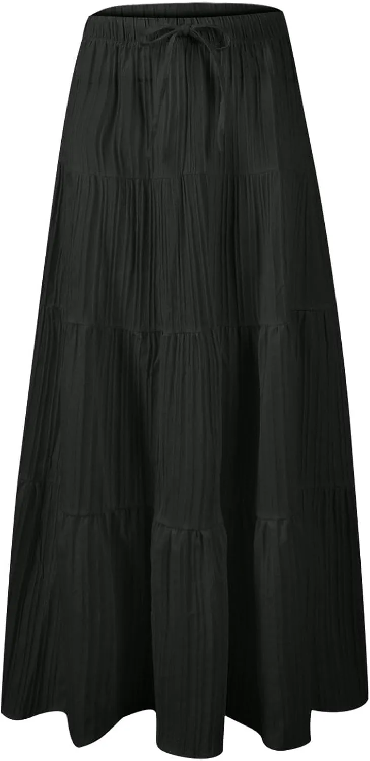 Summer Skirt for Women Solid Color Fashion Drawstring High Waist Ruffle Tiered Skirts Casual Loose Flowy Boho Skirt