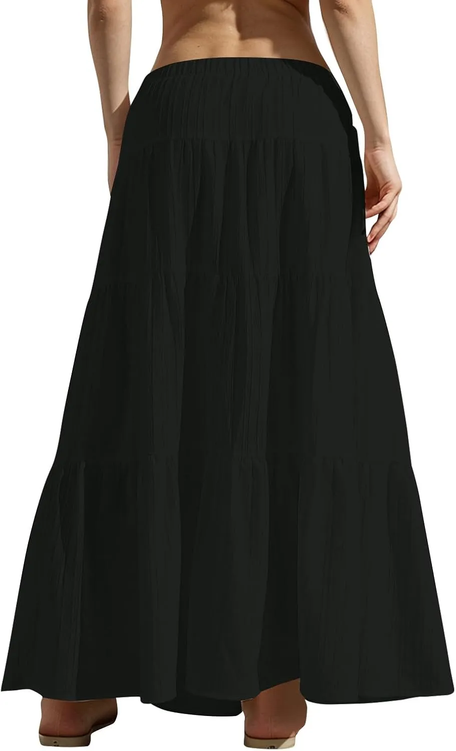 Summer Skirt for Women Solid Color Fashion Drawstring High Waist Ruffle Tiered Skirts Casual Loose Flowy Boho Skirt