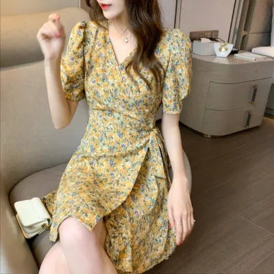 Summer Women V-Neck Puff Sleeves Holiday Dress Korean Lace Slim Look Popular One-Piece Chiffon Chiffon Dress