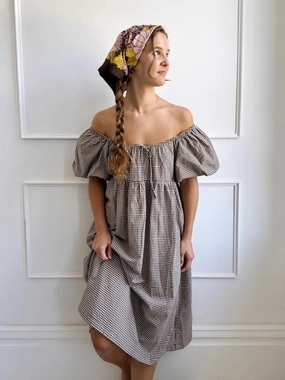 Checked Puff Sleeve Midi Dress Contemporary Waist