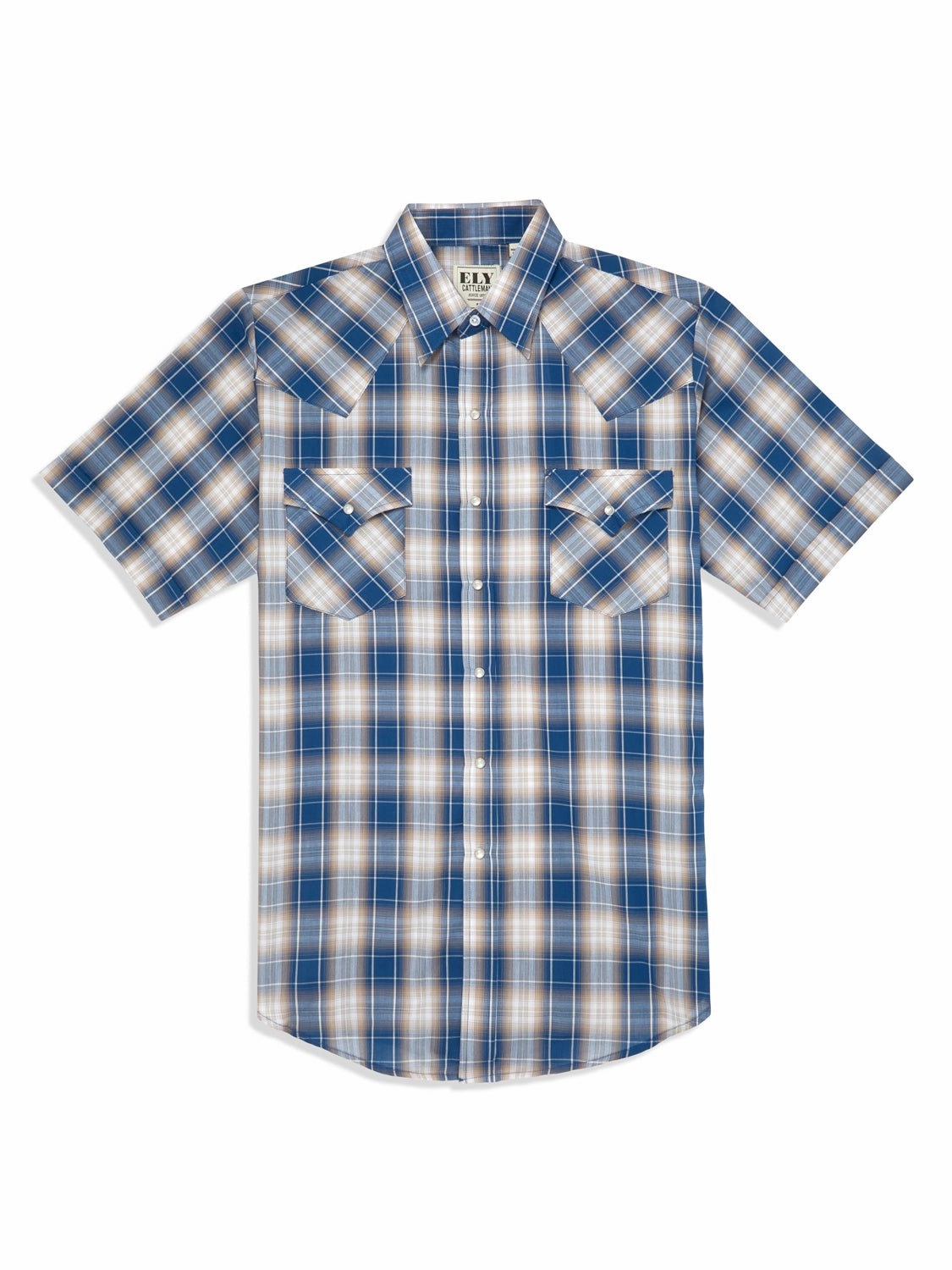 Wrinkle-Free Striped style Ely and Walker Mens Plaid Snap Blue Poly/Cotton S/S Shirt
