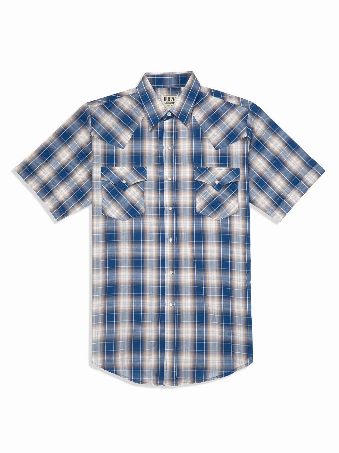 Ely and Walker Mens Plaid Snap Blue Poly/Cotton S/S Shirt Micro Perforated Texture Odor control