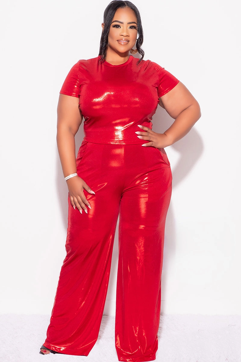 Street Comfort Final Sale Plus Size 2pc Crop Top & Palazzo Pant Set in Metallic Red