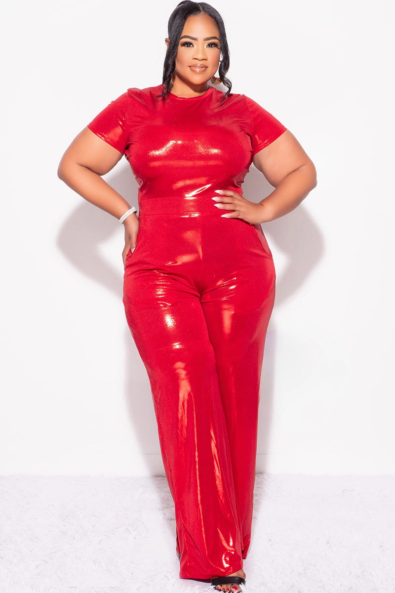 Final Sale Plus Size 2pc Crop Top & Palazzo Pant Set in Metallic Red Sport Fit