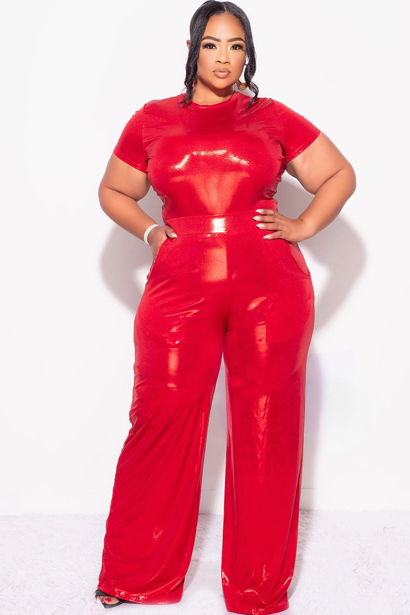 Classic Cut Reflective Trim Final Sale Plus Size 2pc Crop Top & Palazzo Pant Set in Metallic Red