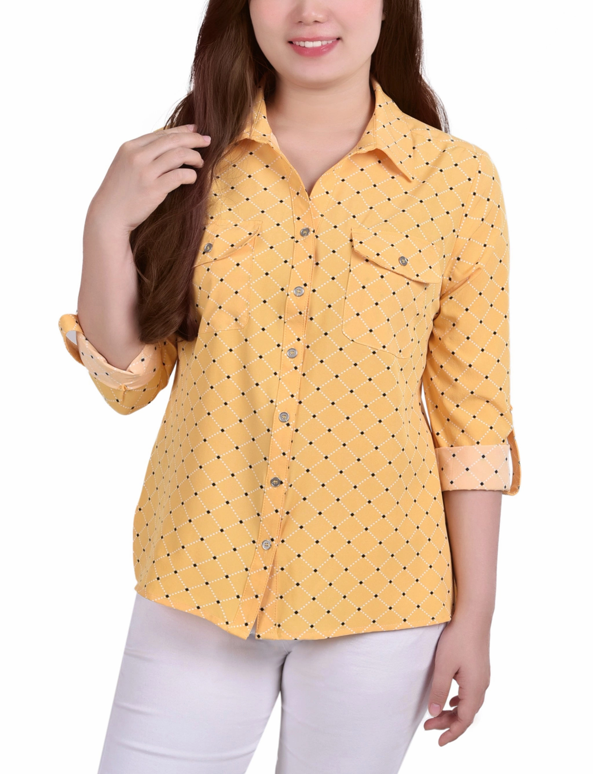 Petite 3/4 Roll Tab Blouse With Pockets Fade Resistant Coating VNeckReinforcement
