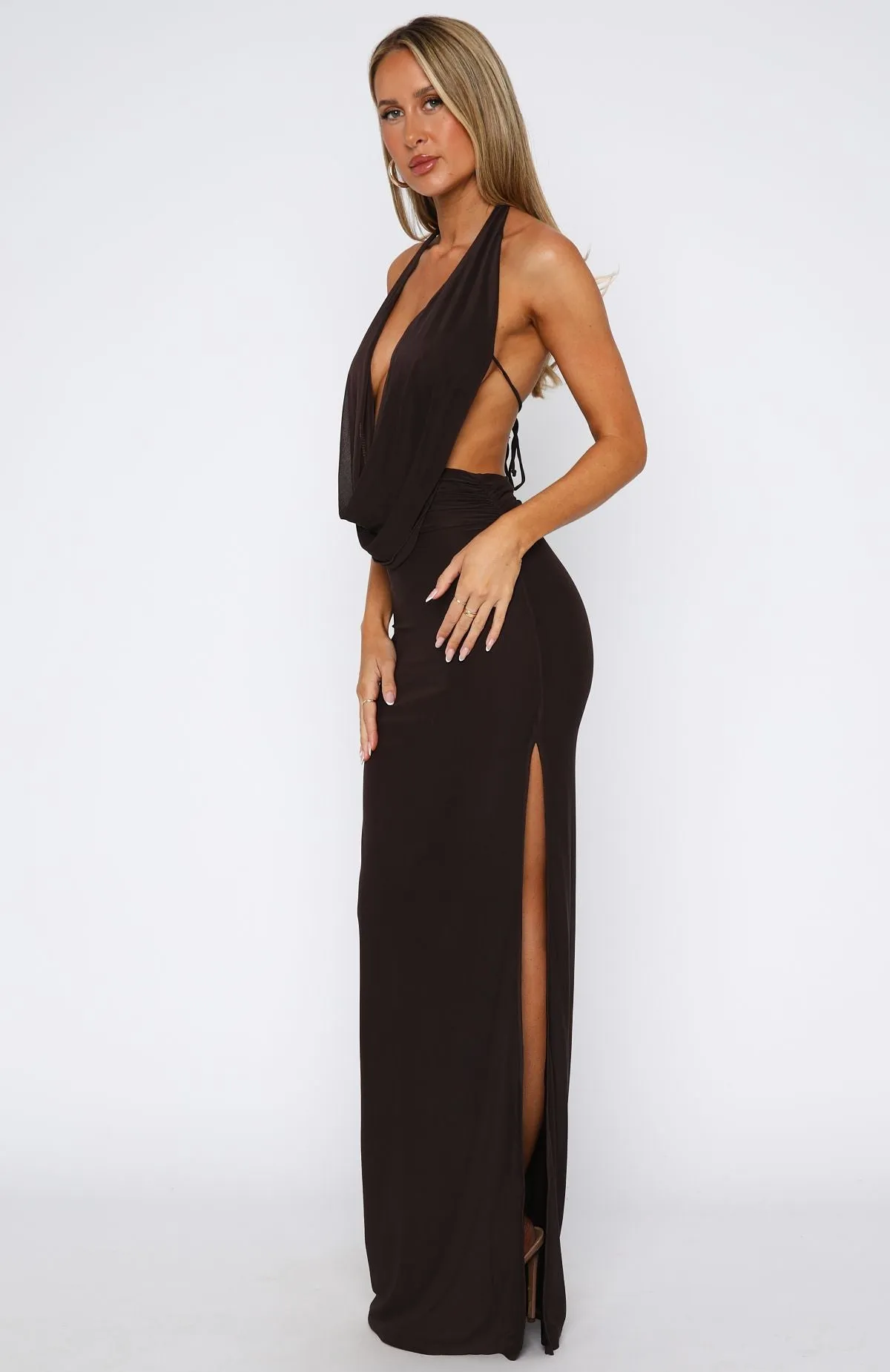 Flexible Knit Fabric Sustainable Manufacturing Neither One Of Us Maxi Dress Chocolate