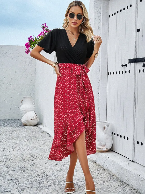 Surplice Tie-Belt Midi Dress in Contrast Leopard Print and Knit