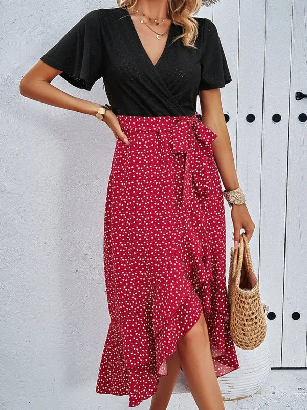 Surplice Tie-Belt Midi Dress in Contrast Leopard Print and Knit