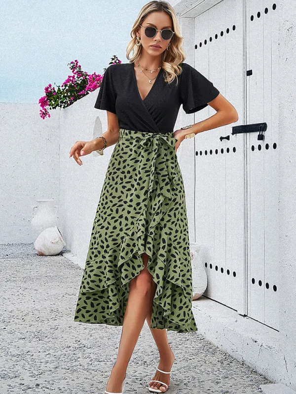Surplice Tie-Belt Midi Dress in Contrast Leopard Print and Knit