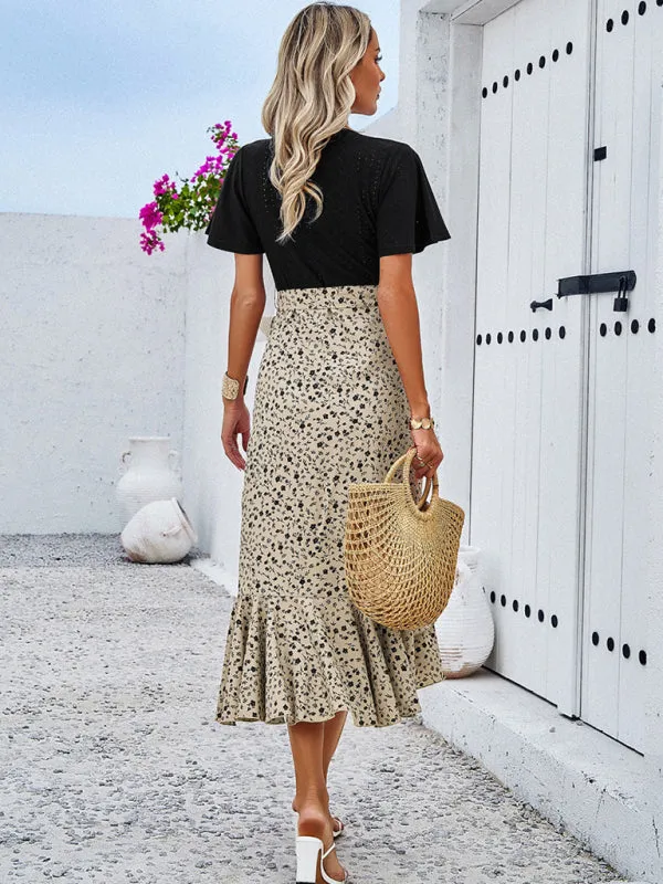 Surplice Tie-Belt Midi Dress in Contrast Leopard Print and Knit