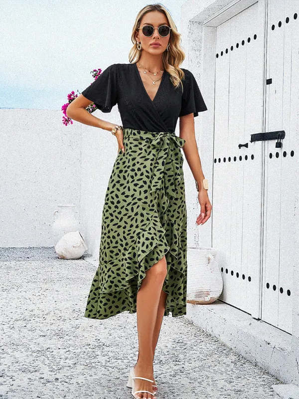 Surplice Tie-Belt Midi Dress in Contrast Leopard Print and Knit