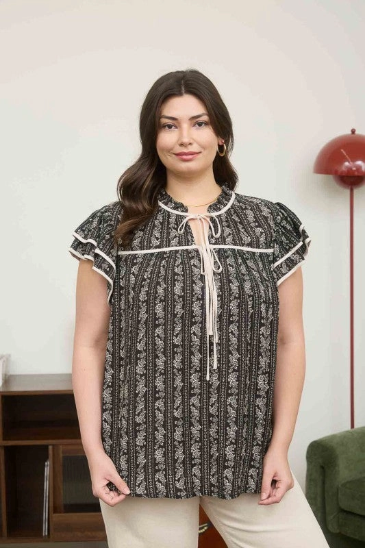 Maci Stripe Floral Pattern Tie Front Ruffle Top S-3XL Long Sleeve Polo