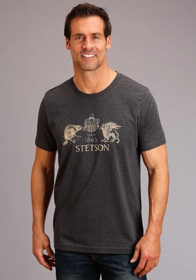 Stetson Mens Heather Grey Cotton Blend Logo Sketch S/S T-Shirt Double Stitched Seams Outdoor Adventure