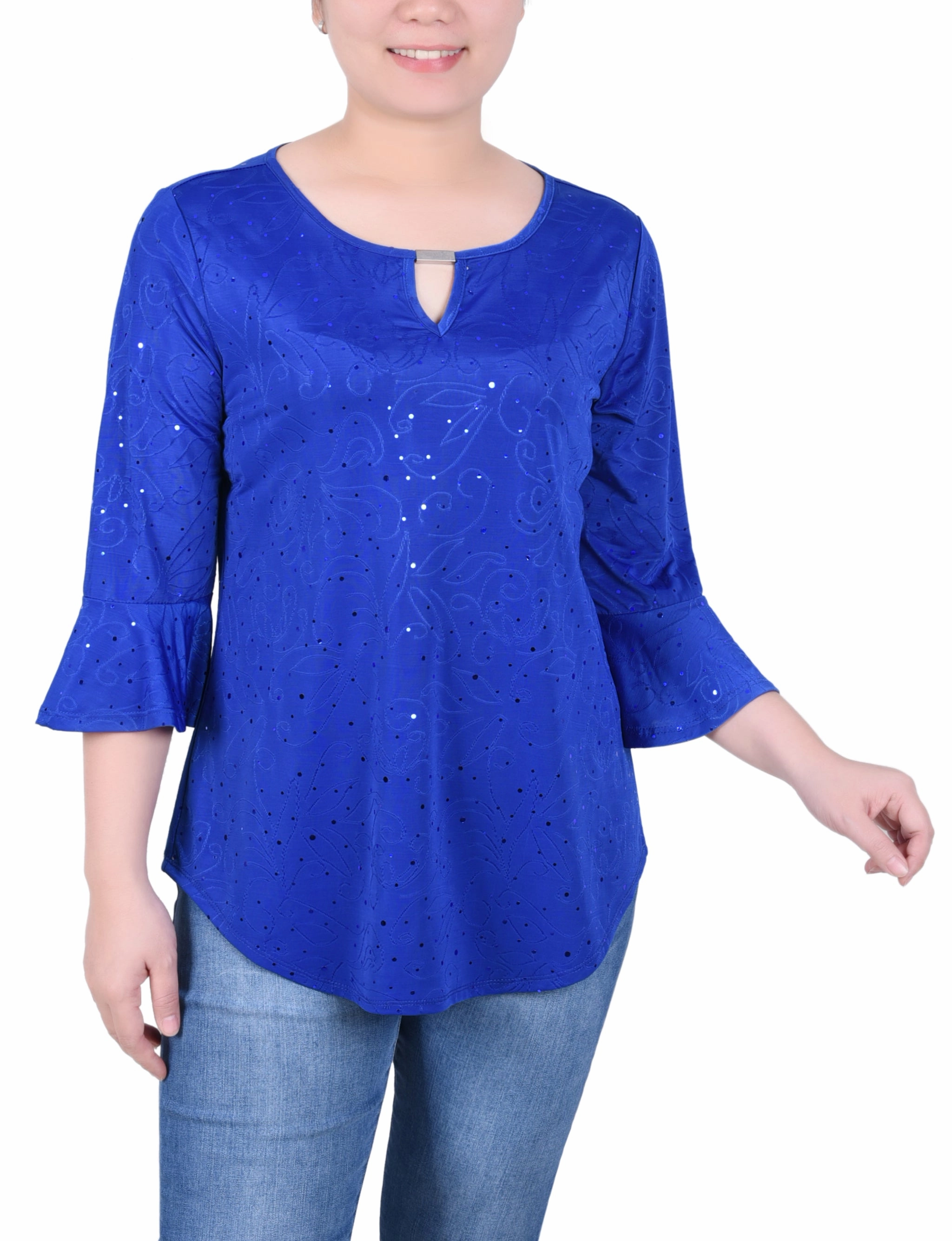 SweatWicking Fabric FlatlockStitching Petite 3/4 Bell Sleeve Top With Hardware