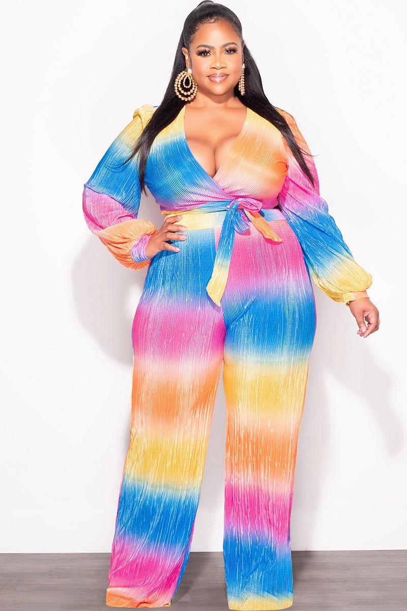 Final Sale Plus Size 2pc Pleated Faux Wrap Bow Tie Top and Pants Set in Fuchsia Orange and Mustard and Royal Blue AbrasionGuardTape Clean Finish