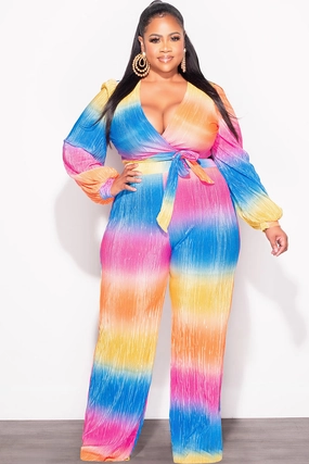 Basic Look Final Sale Plus Size 2pc Pleated Faux Wrap Bow Tie Top and Pants Set in Fuchsia Orange and Mustard and Royal Blue