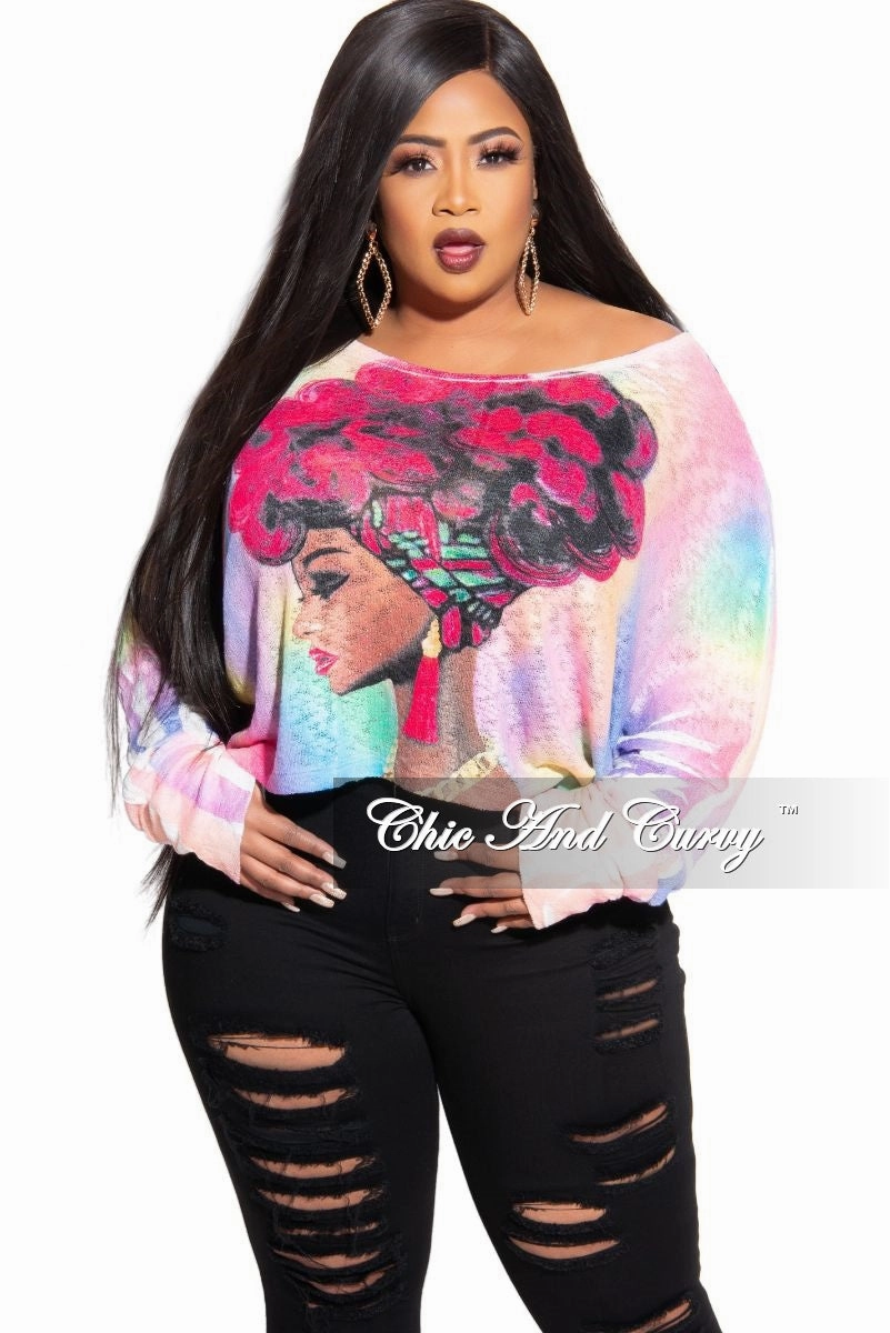 Final Sale Plus Size Long Sleeve Afrocentric Top in Fuchsia Multi Color Easy Stretch