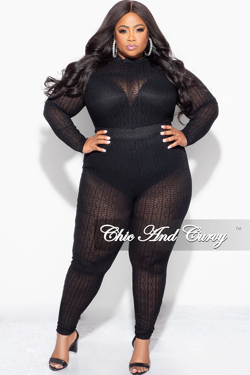 Lightweight Layer Sleek Look Final Sale Plus Size 2pc Sheer Lace Bodysuit Pants Set in Black