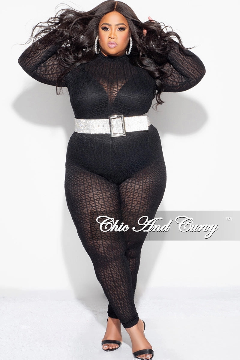 Dynamic Fit Feminine Cut Final Sale Plus Size 2pc Sheer Lace Bodysuit Pants Set in Black