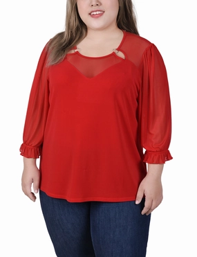 Plus Size 3/4 Sleeve Ringed Top With Mesh Eco friendly materials