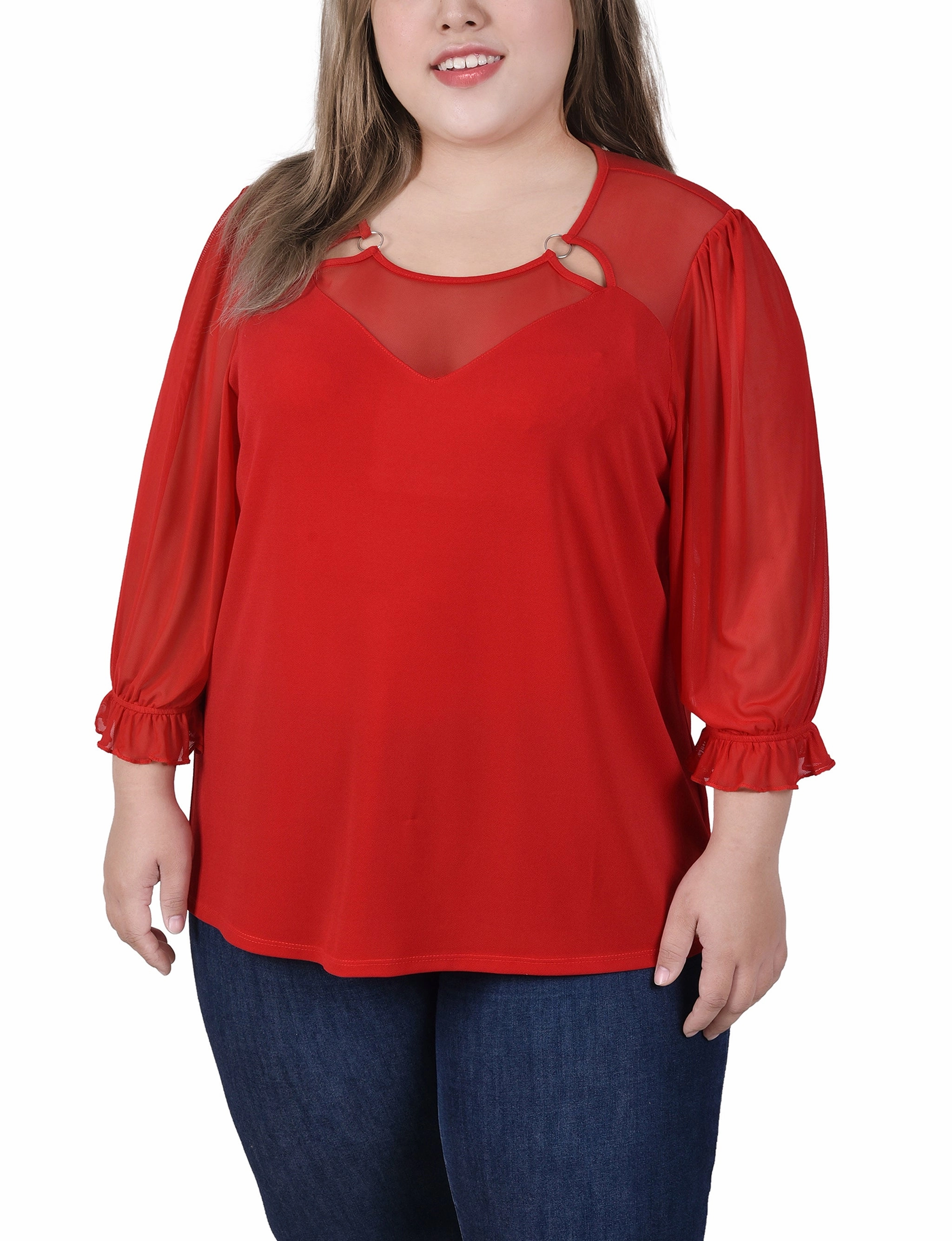 Layered Collar System Plus Size 3/4 Sleeve Ringed Top With Mesh