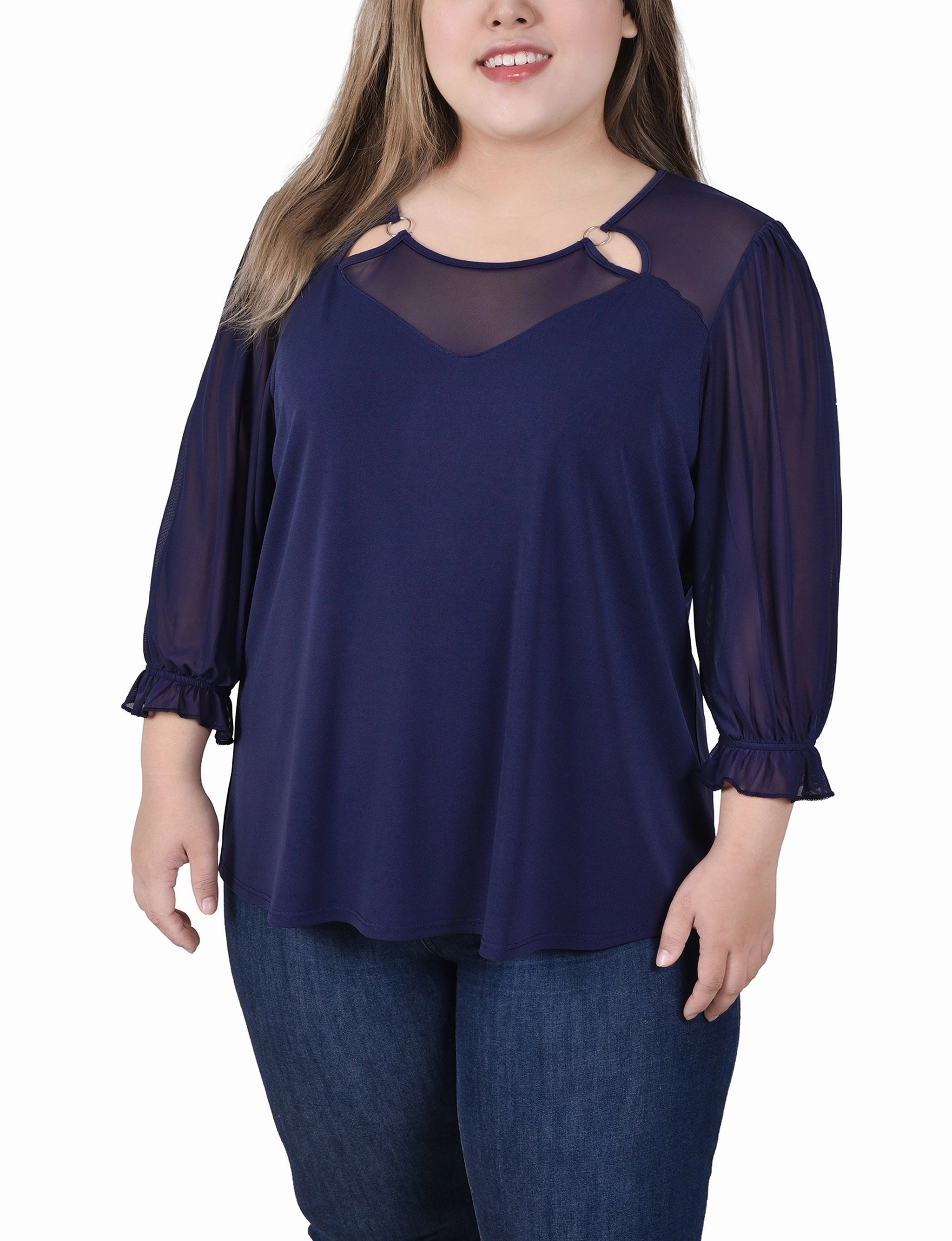 Plus Size 3/4 Sleeve Ringed Top With Mesh FrictionFreeNeckline