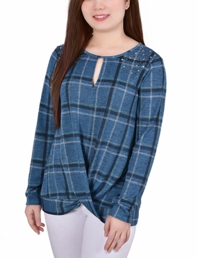 SheerLayering Flexible Knit Petite Long Sleeve Knit Keyhole Top With Studs