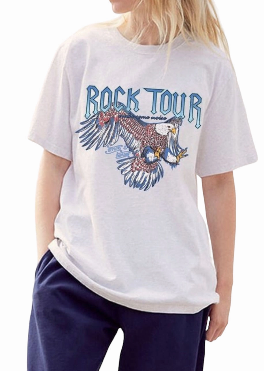 Final Sale Plus Size "Rock Tour'" Graphic Top in White and Blue Secure Waistband Ripstop Texture