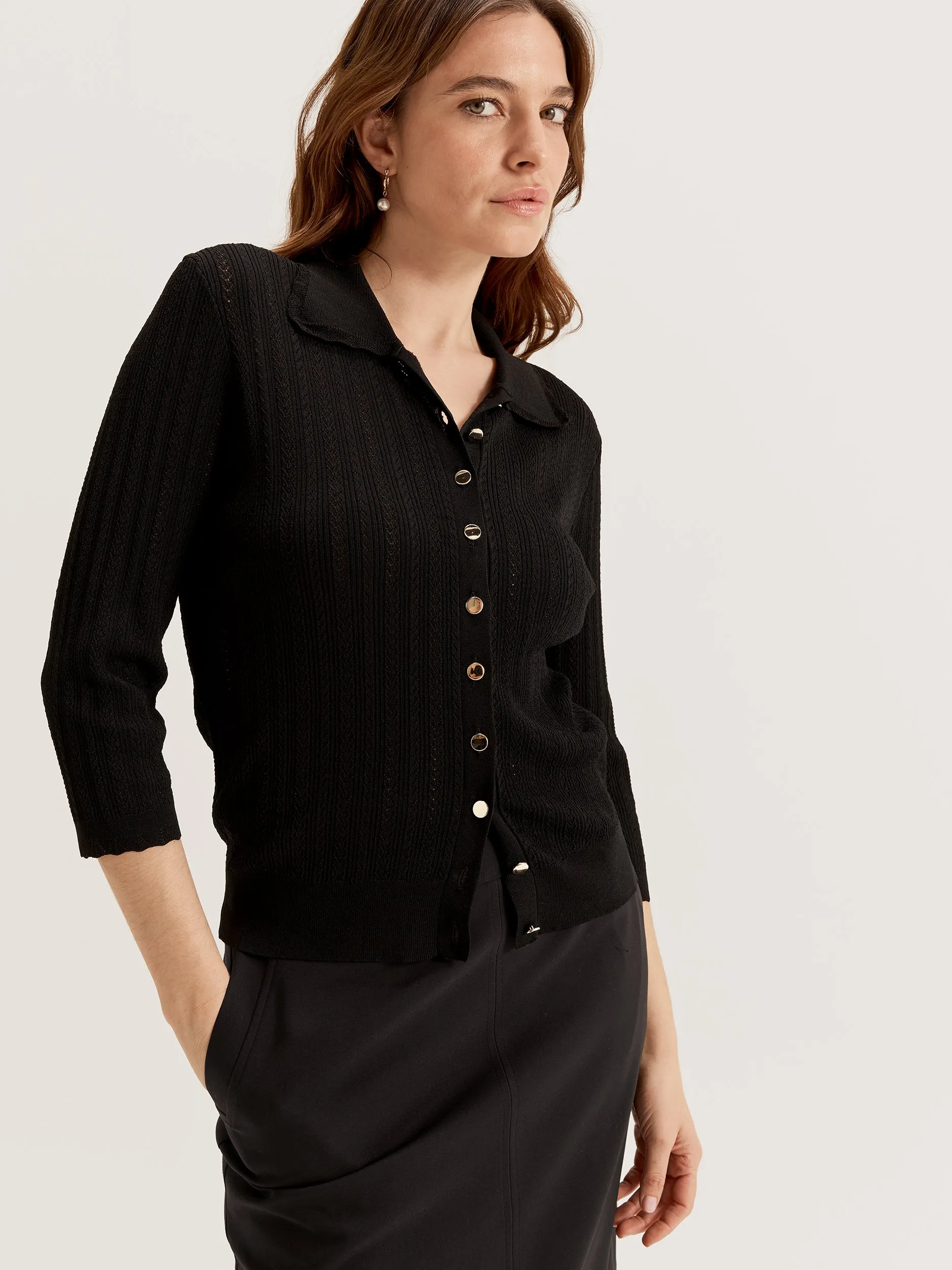 WrinkleFree Weave Tailored Seams Lina Button Front Top