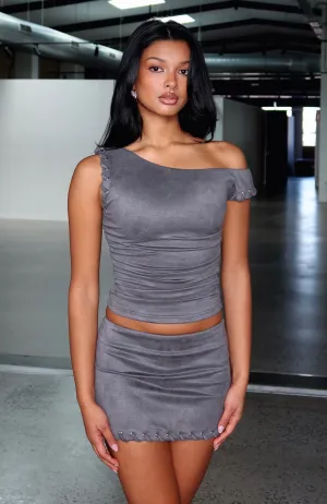 Sweetest Love Faux Suede Mini Skirt Slate Midi length Minimal Touch