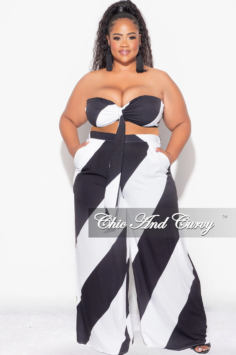 Fashionable Fit Weekend Wear Final Sale Plus Size 2pc Bra Top and Pants Set Black and White Design Print