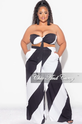 Fashionable Fit Weekend Wear Final Sale Plus Size 2pc Bra Top and Pants Set Black and White Design Print