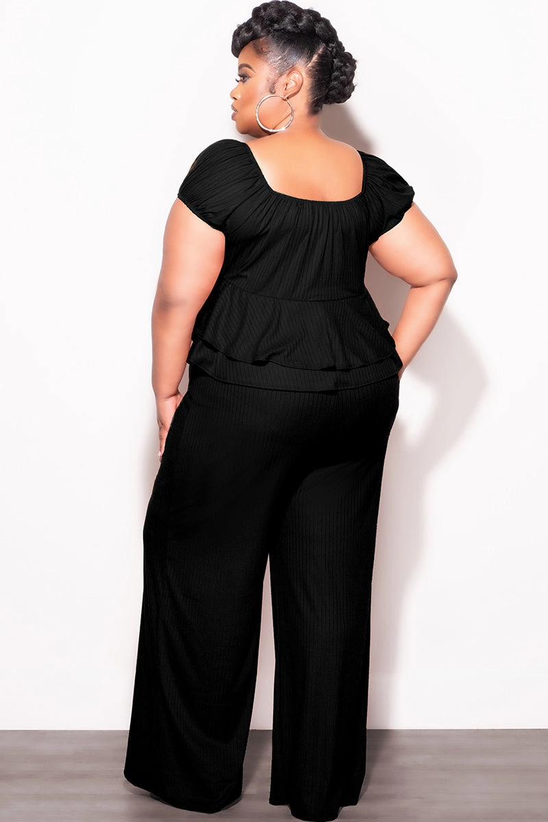 Performance Support Final Sale Plus Size 2pc Ribbed Peplum Top and Pants Set in Black