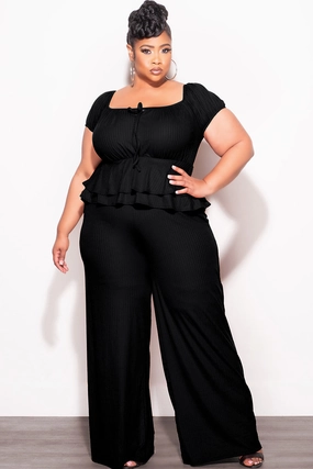 Final Sale Plus Size 2pc Ribbed Peplum Top and Pants Set in Black Light support