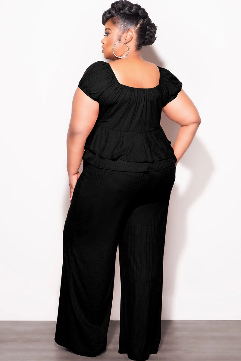 Cozy and Soft Casual Comfort Layers Final Sale Plus Size 2pc Ribbed Peplum Top and Pants Set in Black
