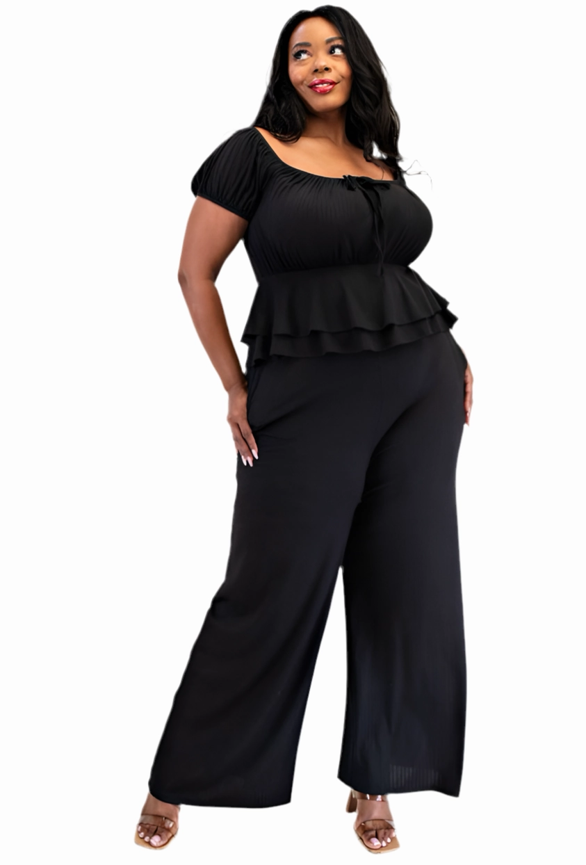 Final Sale Plus Size 2pc Ribbed Peplum Top and Pants Set in Black Chic Look