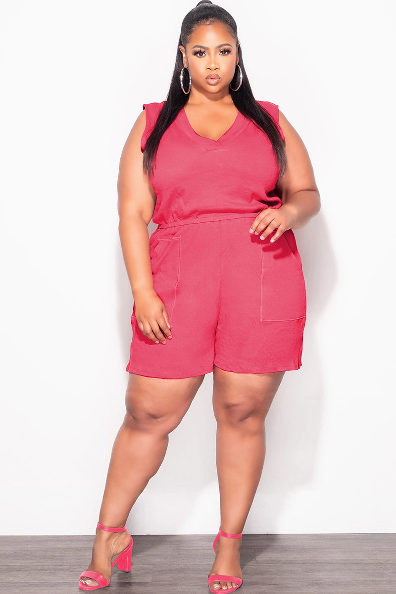 Final Sale Plus Size Sleeveless French Terry V Neck Romper in Rose Pink High Stretch Fit