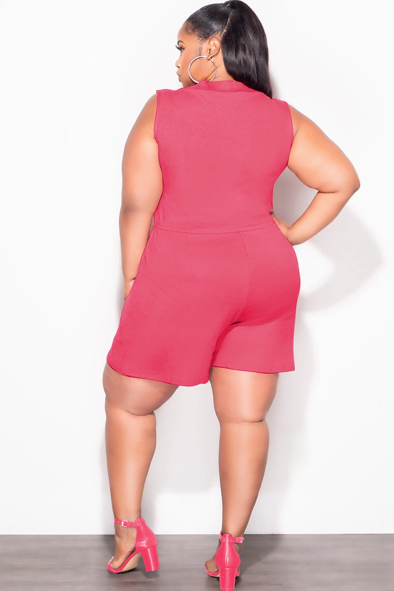 Final Sale Plus Size Sleeveless French Terry V Neck Romper in Rose Pink HypoallergenicMaterial
