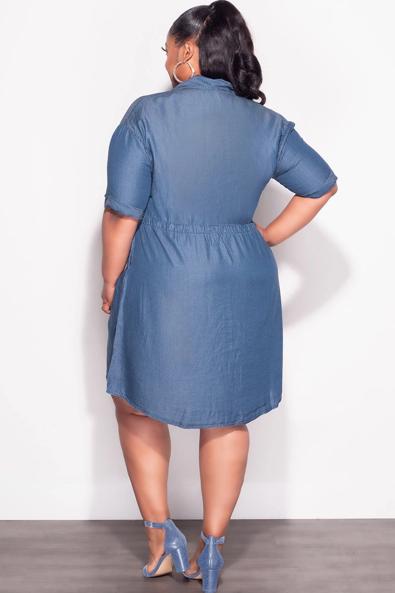 Final Sale Plus Size Collar Button Up Drawstring Dress in Chambray Denim LowProfileWaistband