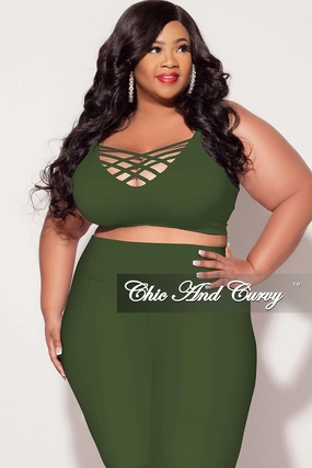 Final Sale Plus Size Spaghetti Strap Triple Criss Cross Front Bralette in Olive green Move Comfort
