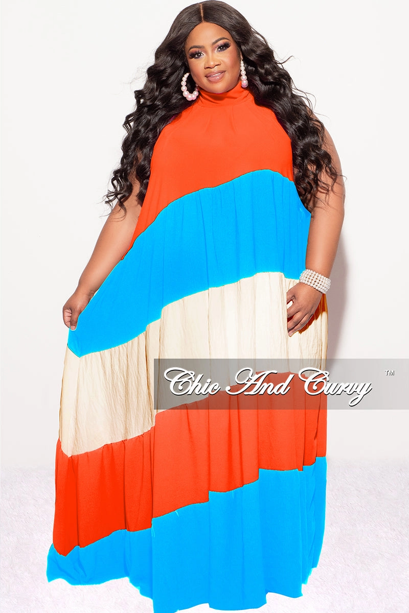 Flexible Knee Panels SecureCargoPockets Final Sale Plus Size Halter Maxi Dress In Orange Turquoise and Cream