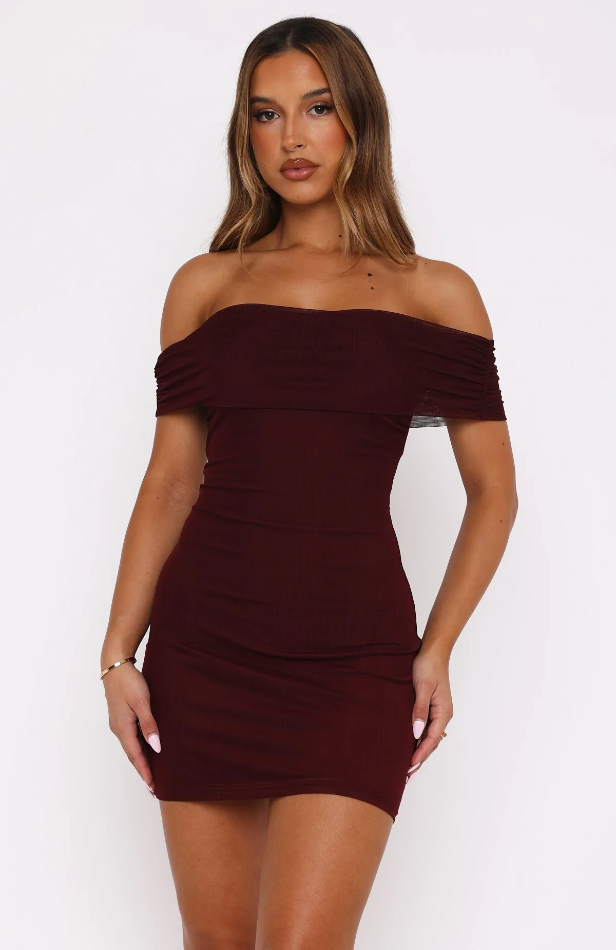 AthleisureInspired Got The Talent Off Shoulder Mini Dress Burgundy