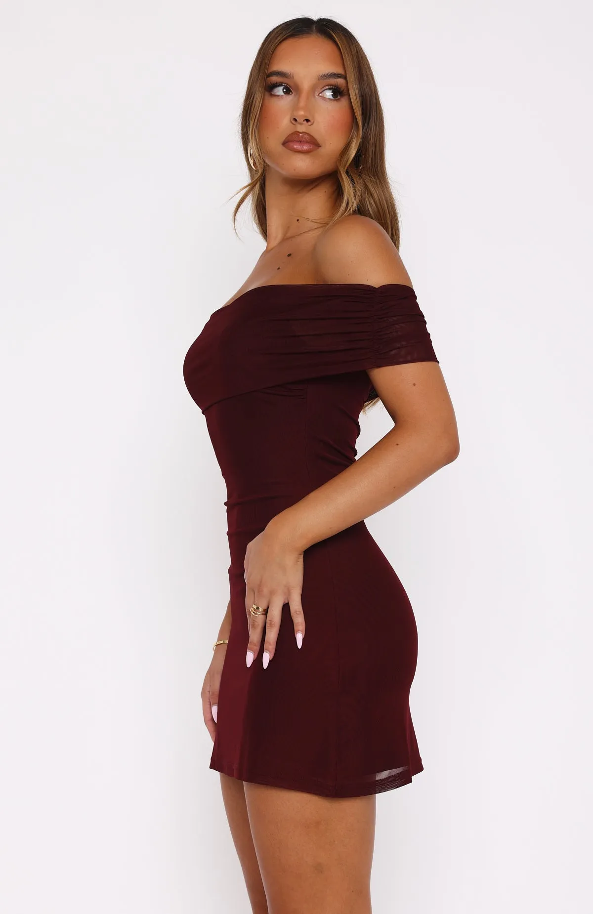 Got The Talent Off Shoulder Mini Dress Burgundy Distressed Texture
