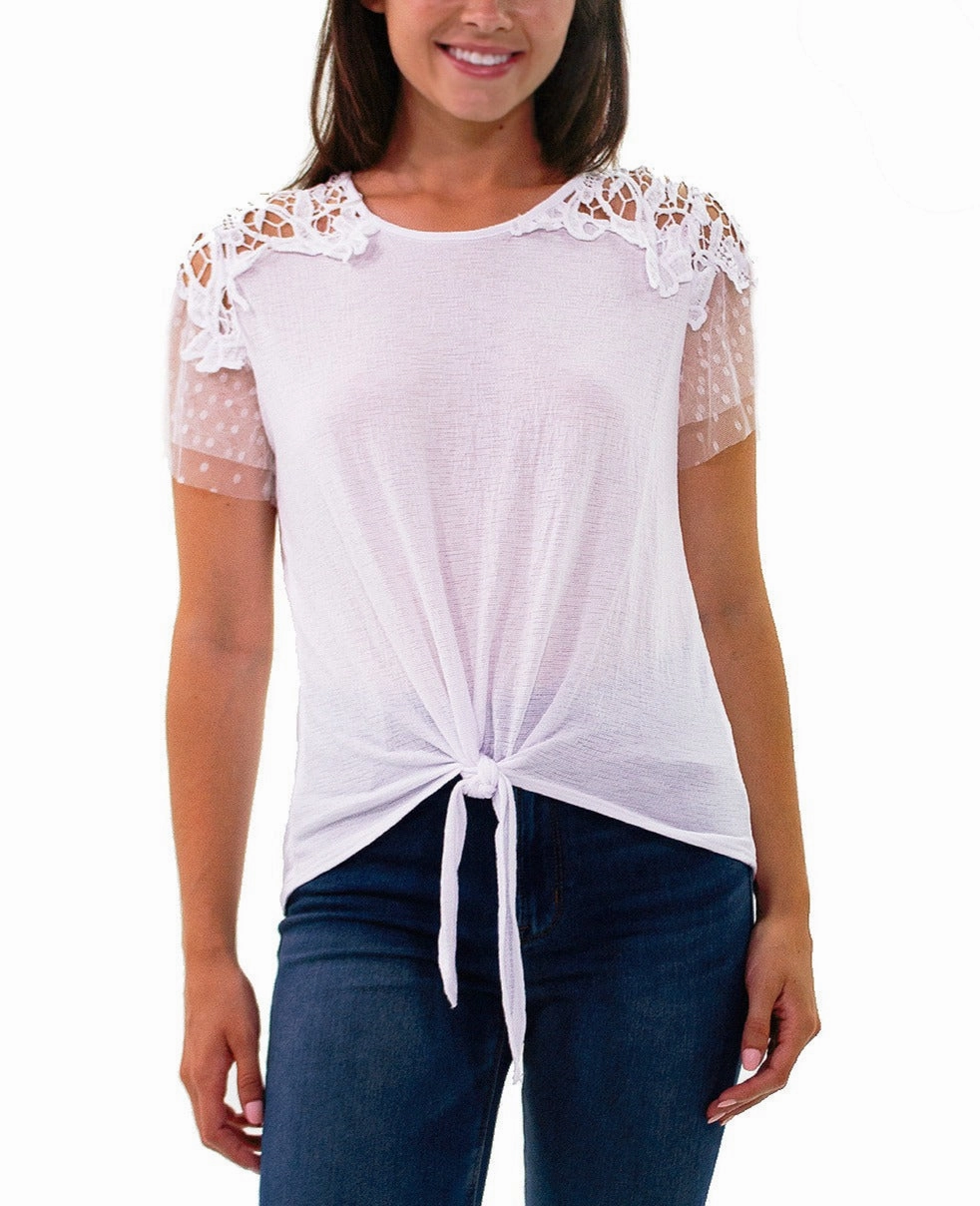 Petite Short Point De Sprit Sleeve Top With Crochet Detail And Knotted Hem All-Purpose