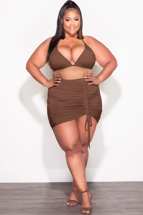 Final Sale Plus Size 3pc Set Bikini Top, Briefs & Ruched Skirt in Brown Summer Perfect Look Quick Change