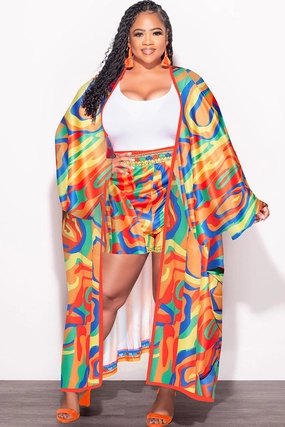 Final Sale Plus Size 2pc Set Duster & Shorts in Yellow Mixed Print SeamlessConstruction