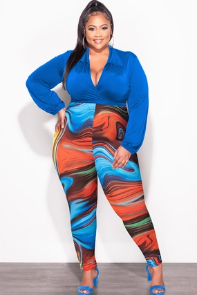 Ultimate Comfort Final Sale Plus Size 2pc Wrap Top and Pants Set in Royal Blue Multi Color