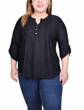 Sustainable Manufacturing Plus Size 3/4 Sleeve Roll Tab Y Neck Top